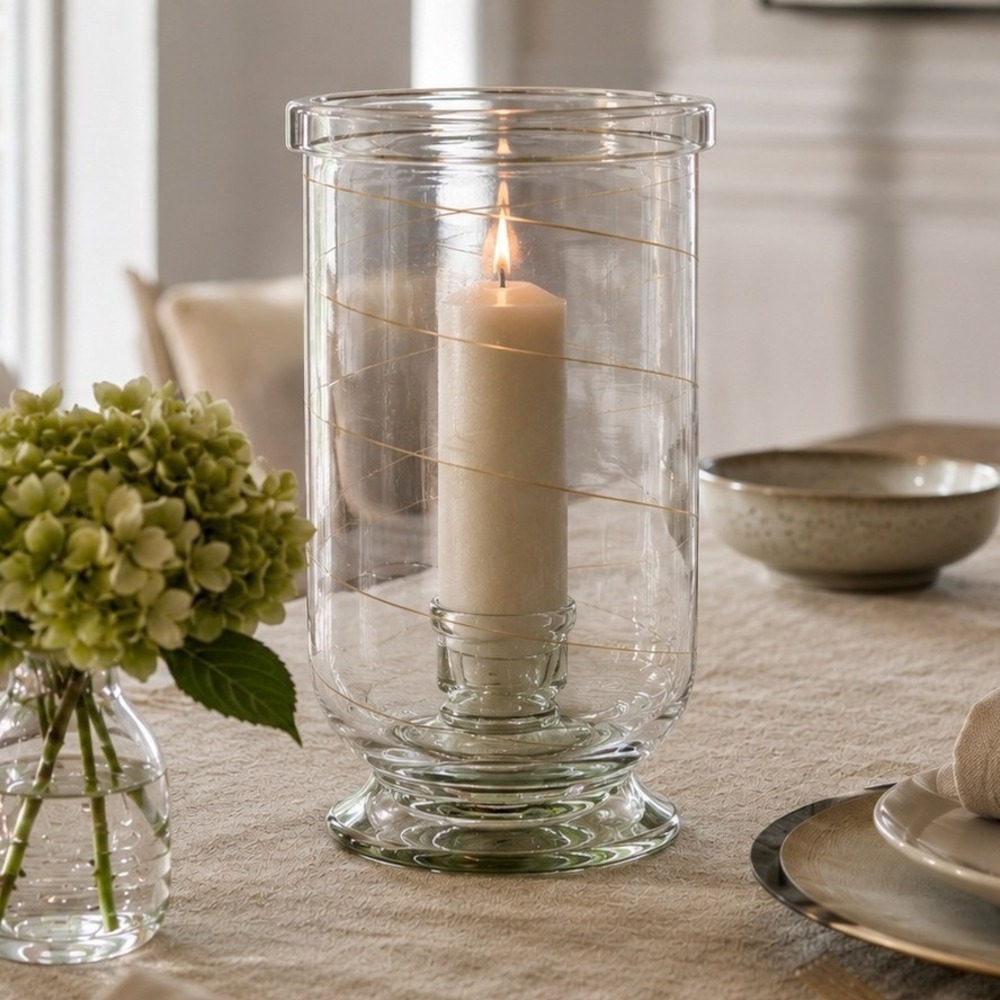 Hand Blown Glass Hurricane Candle Holder‎ Clear Gold Spiral Pedestal 10 Inch